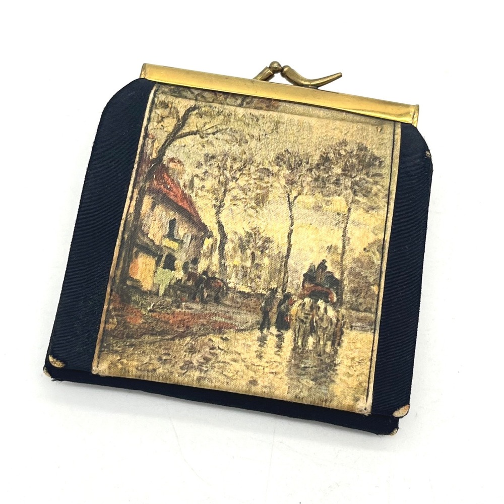 Vintage Tapestry Coin Purse Kiss Lock Black Fabric Horse Carriage Scene
